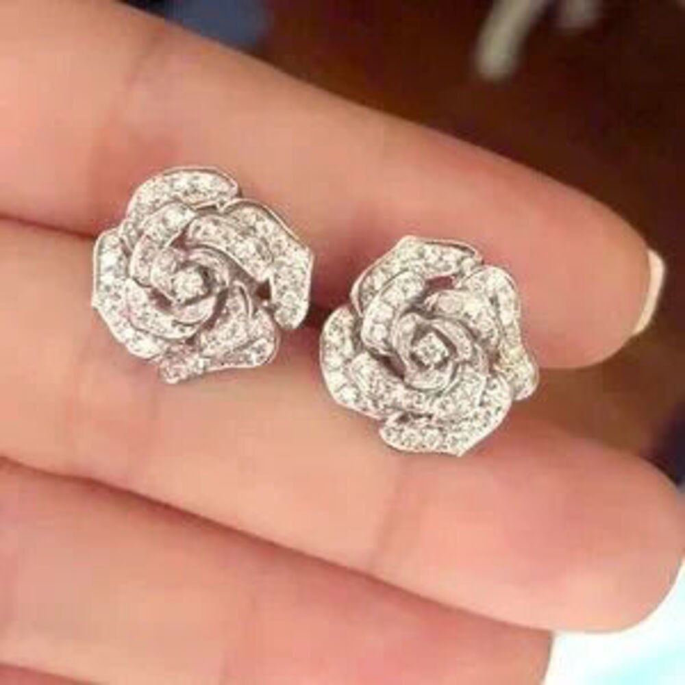 New Beautiful 925 Silver Sim. Diamond Rose Studs